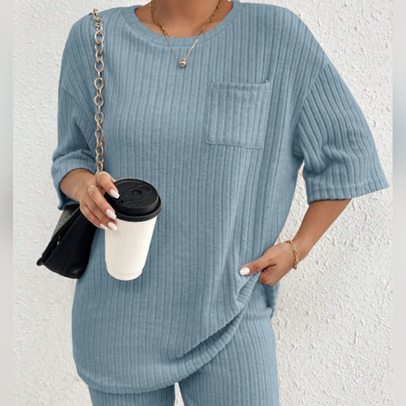 Blue Ribbed Women's Shorts Set - Picture 5 of 10